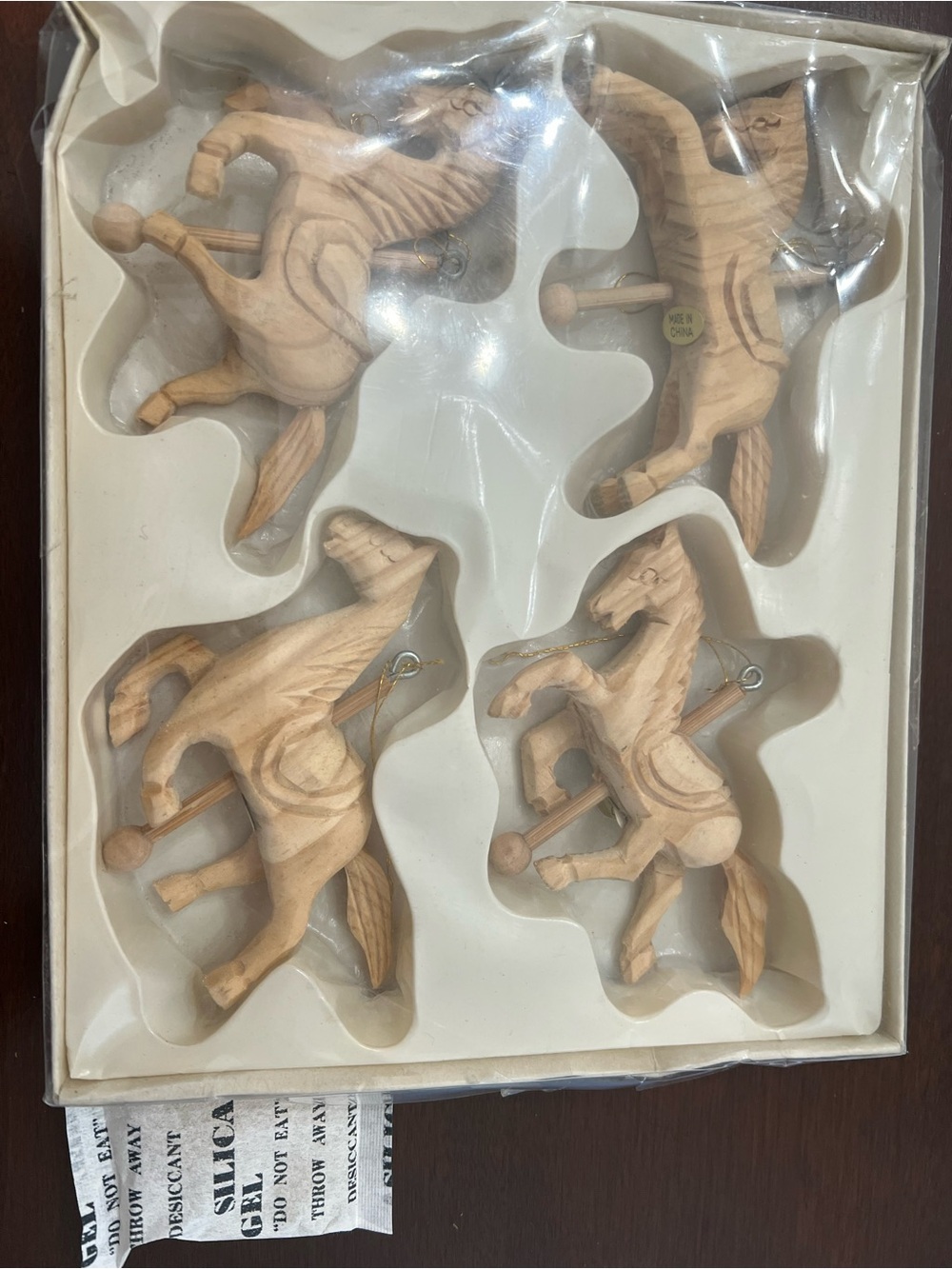 Set of 4 Wooden Carousel Horse Ornaments - Natural Wood